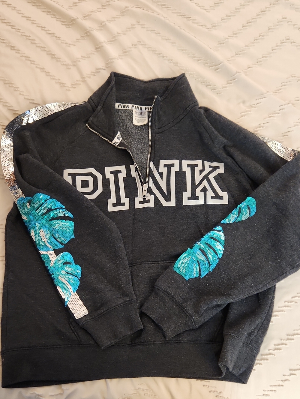 PINK Victoria's Secret Charcoal Gray Zip-Up Sweatshirt with White Logo Trim